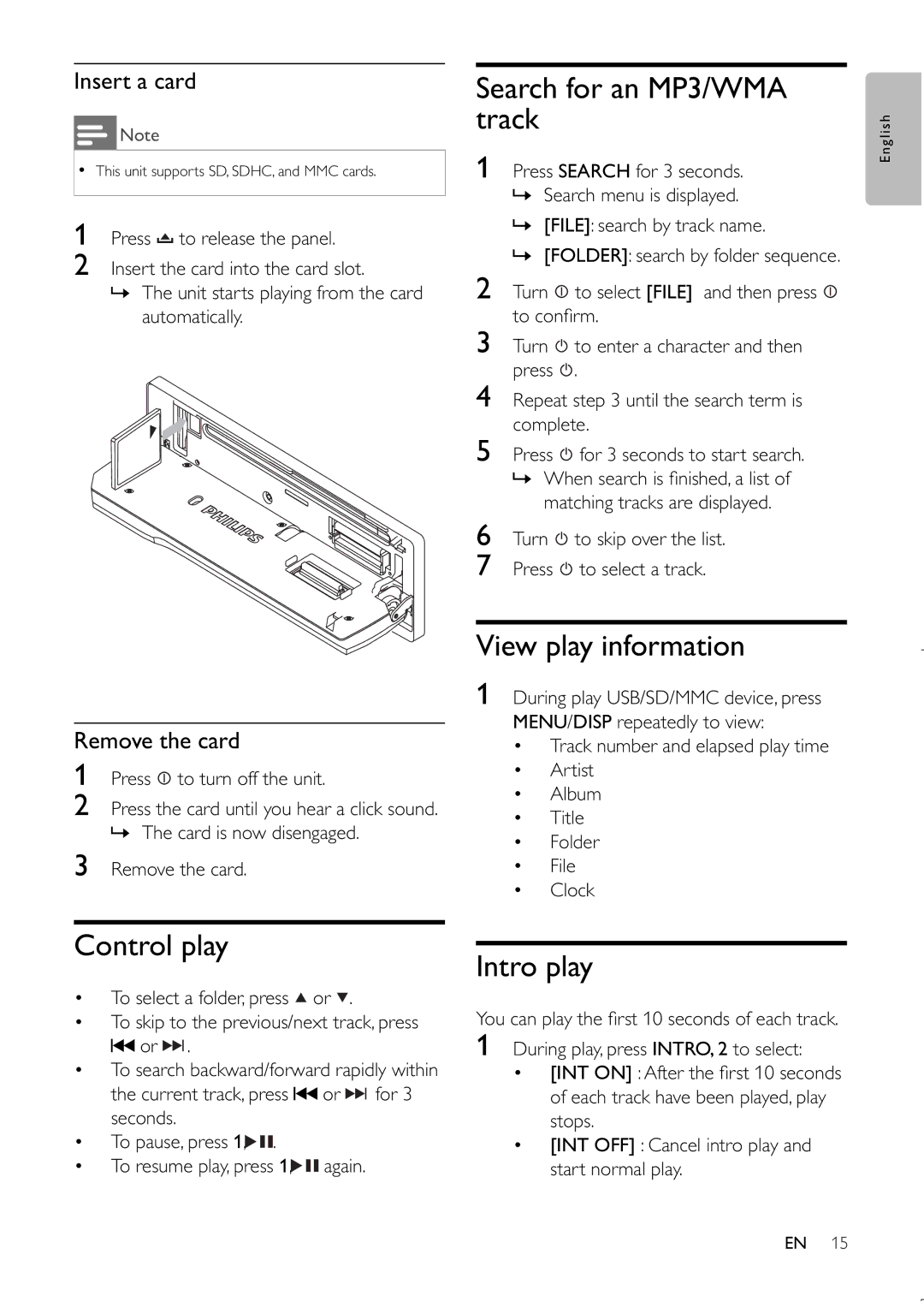 Philips CEM220 user manual Control play, Search for an MP3/WMA track, View play information, Intro play 