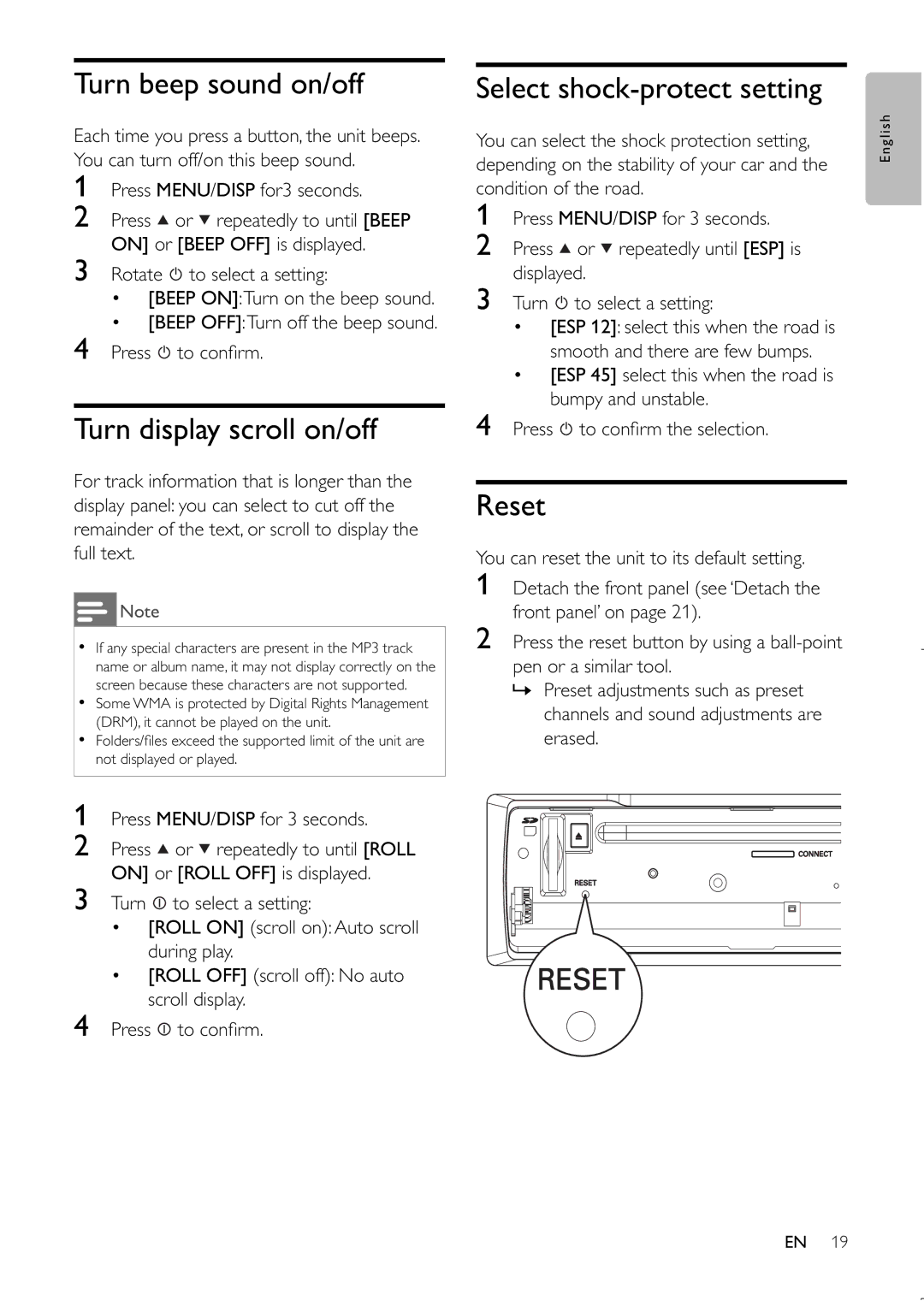 Philips CEM220 user manual Turn beep sound on/off, Turn display scroll on/off, Select shock-protect setting, Reset 