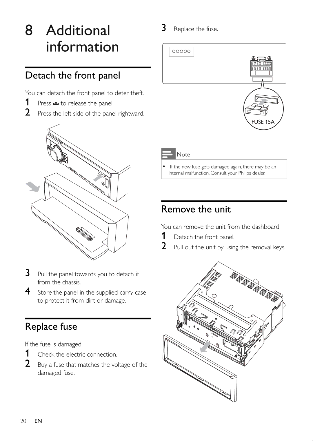 Philips CEM220 user manual Detach the front panel, Replace fuse, Remove the unit 