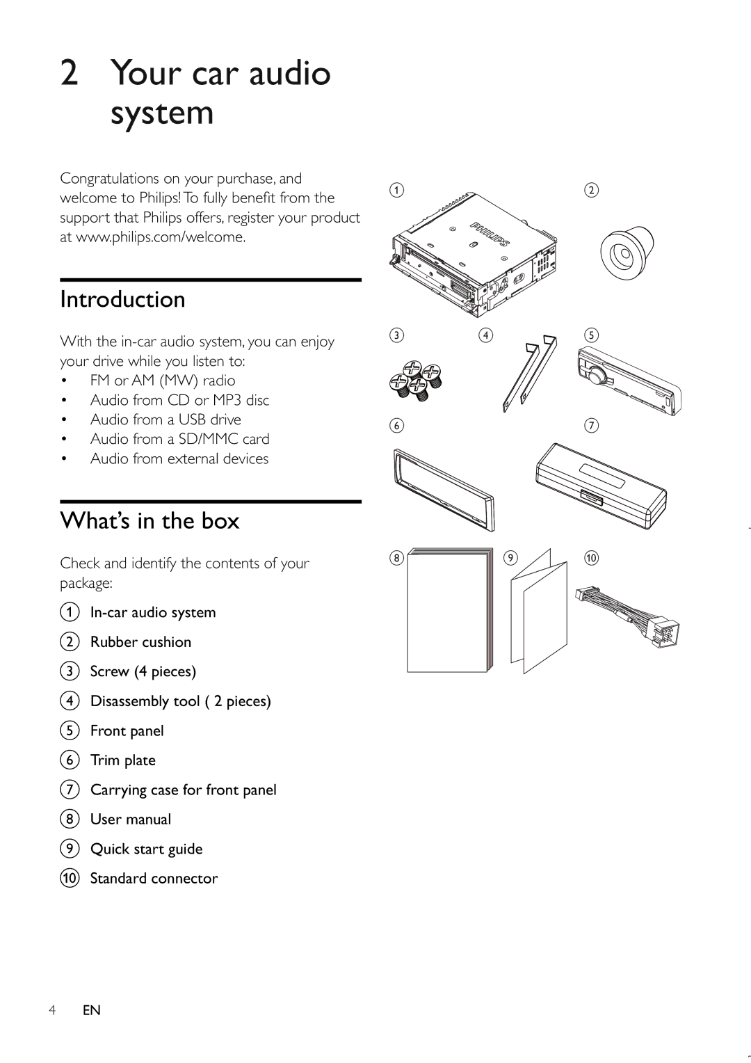 Philips CEM220 user manual Your car audio system, Introduction, What’s in the box 