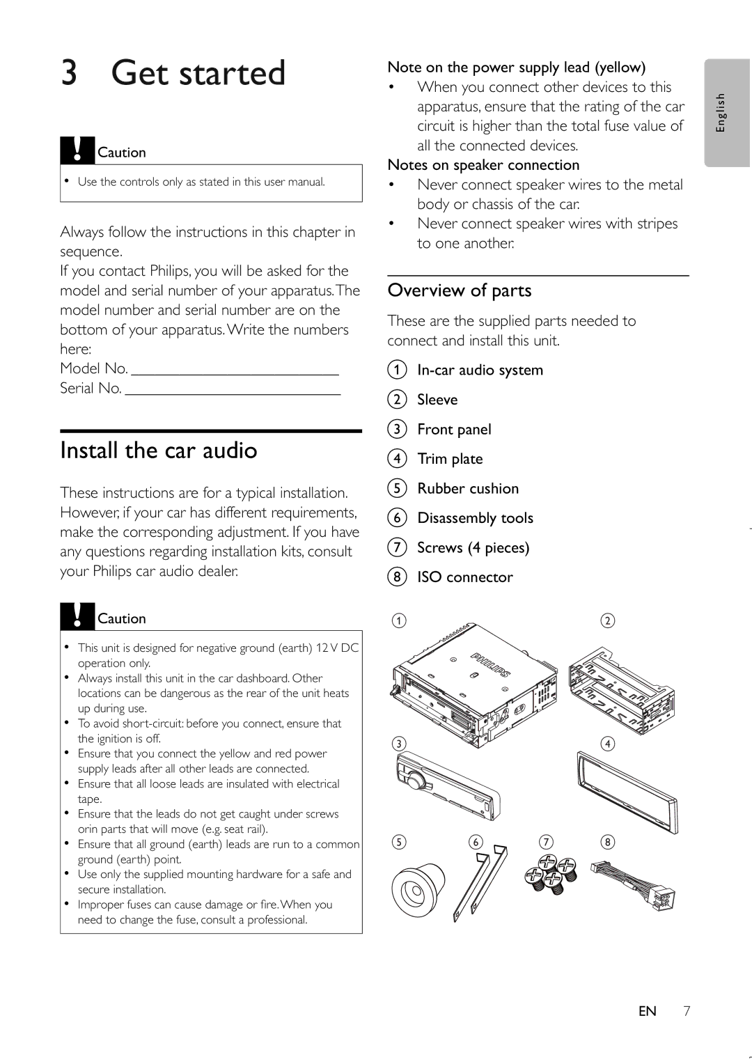 Philips CEM220 user manual Get started, Install the car audio, Overview of parts 