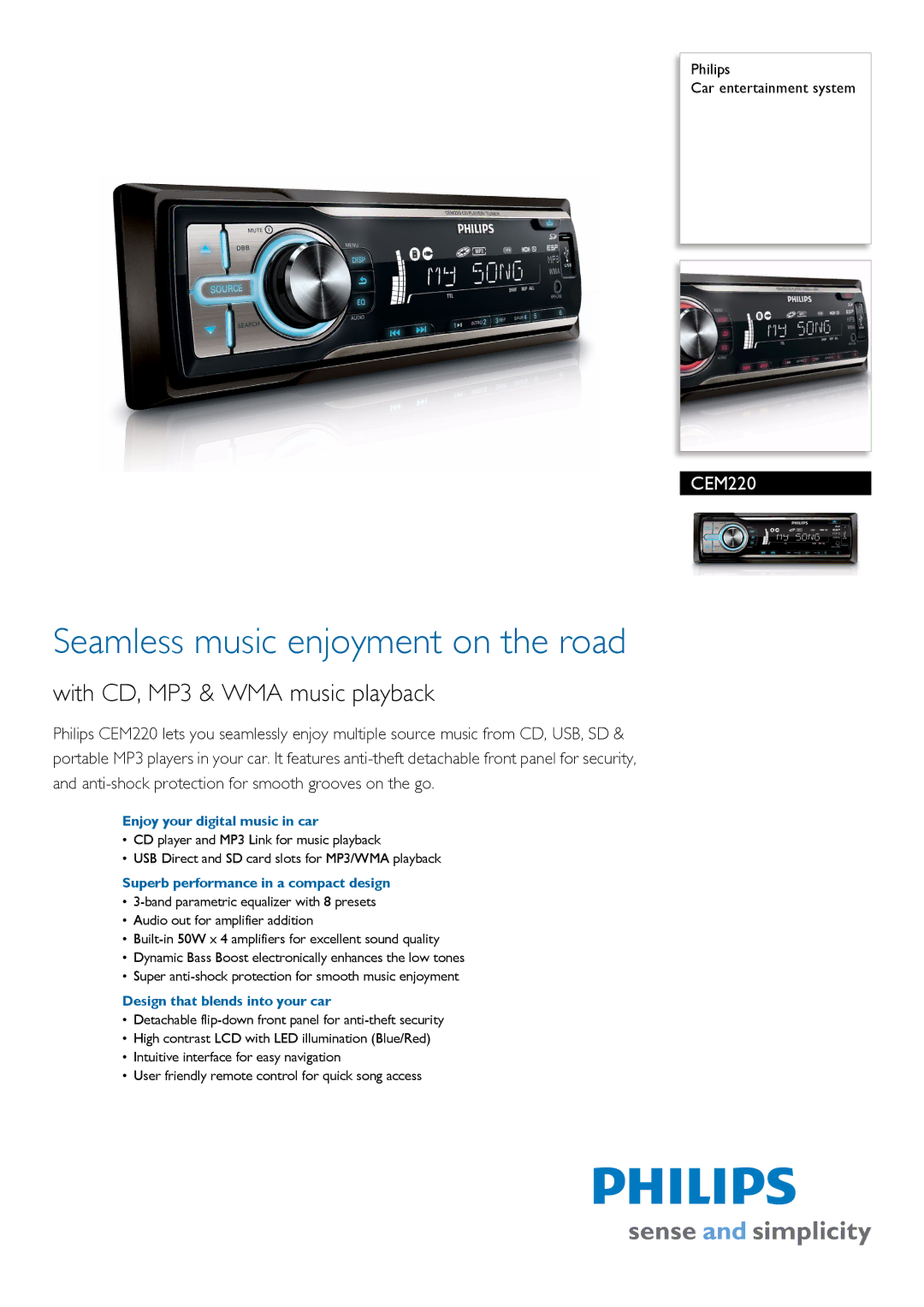 Philips CEM220 manual Enjoy your digital music in car, Superb performance in a compact design 