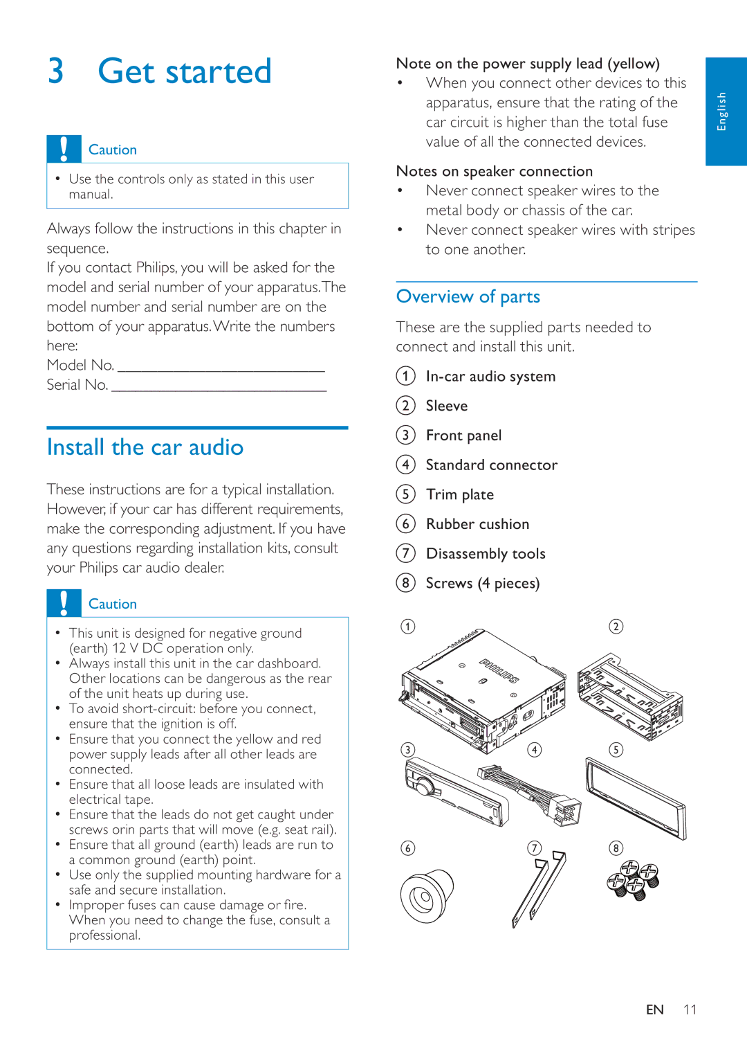 Philips CEM250 user manual Get started, Install the car audio, Overview of parts 