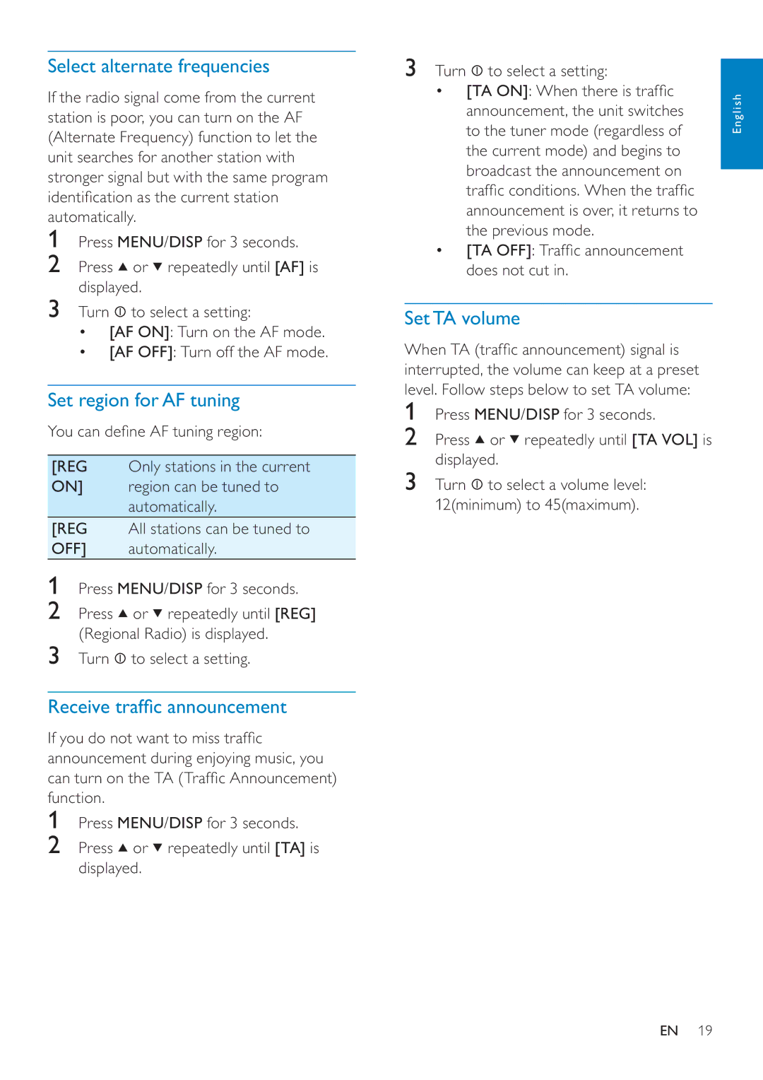 Philips CEM250 Select alternate frequencies, Set region for AF tuning, Receive trafﬁ c announcement, Set TA volume 