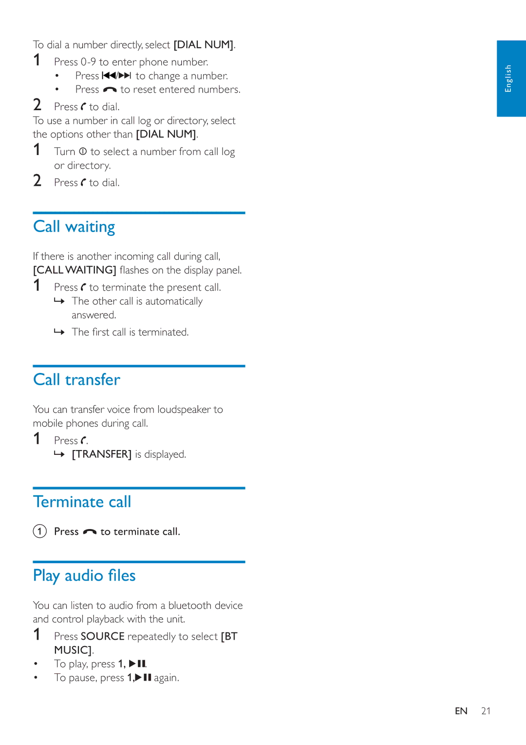 Philips CEM250 user manual Call waiting, Call transfer, Terminate call, Play audio ﬁ les 