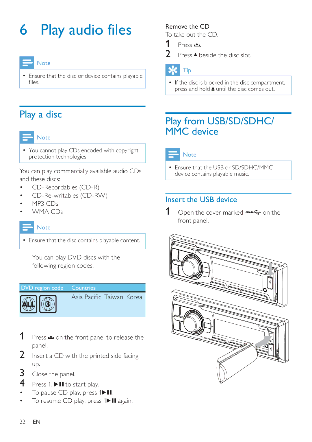 Philips CEM250 user manual Play audio files, Play a disc, Insert the USB device 