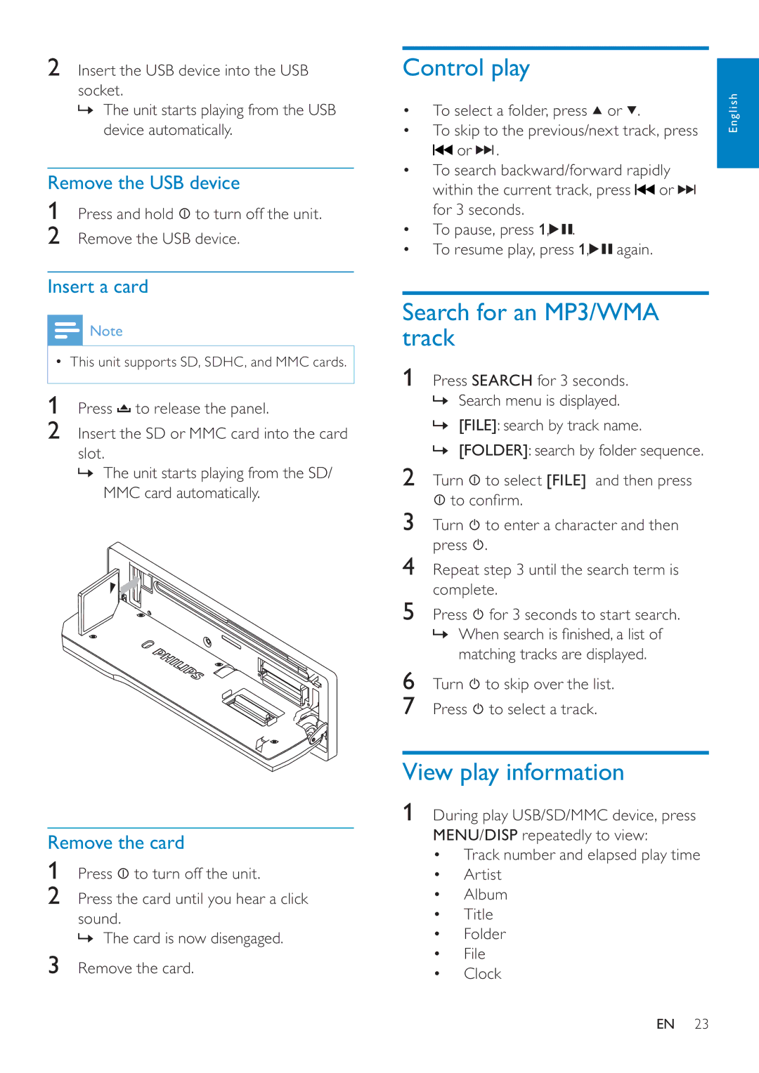 Philips CEM250 user manual Control play, Search for an MP3/WMA track, View play information 