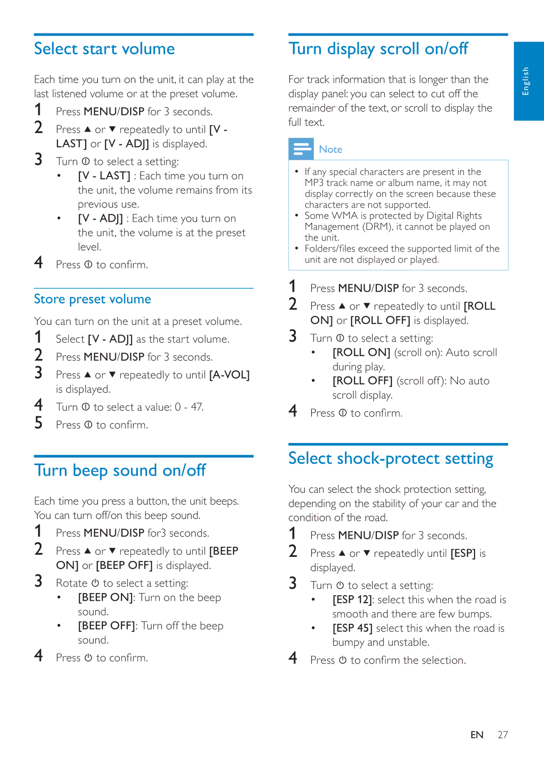 Philips CEM250 Select start volume, Turn beep sound on/off, Turn display scroll on/off, Select shock-protect setting 