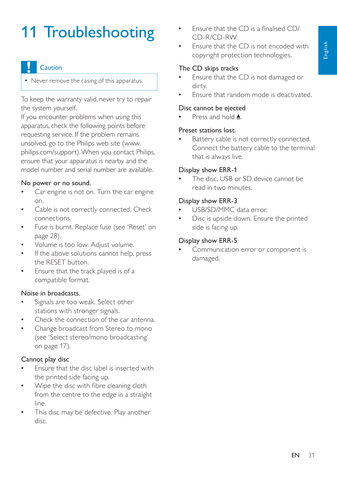 Philips CEM250 user manual Troubleshooting 