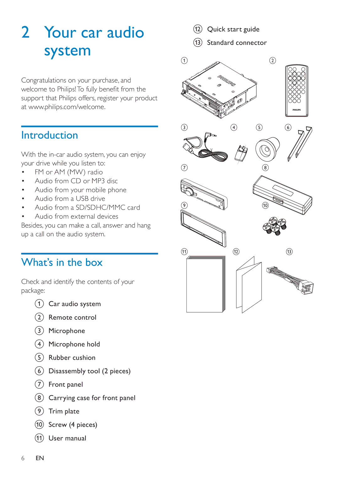 Philips CEM250 user manual Your car audio system, Introduction, What’s in the box 