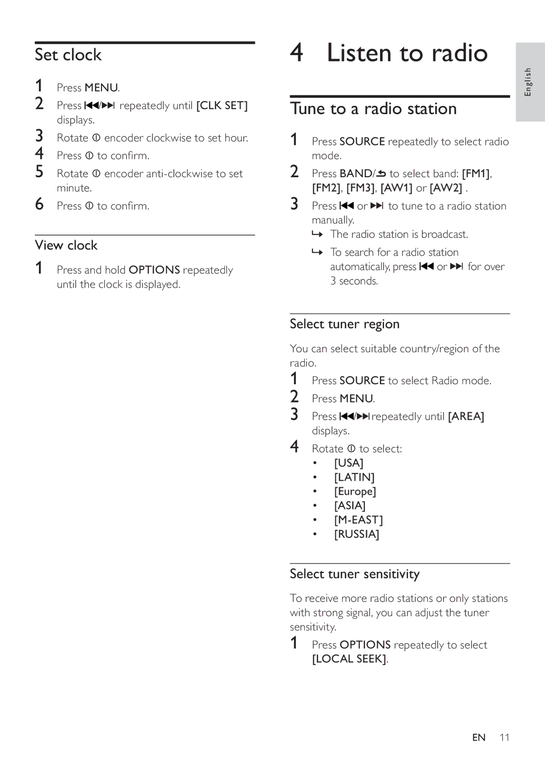 Philips CEM3000 user manual Listen to radio, Set clock, Tune to a radio station 