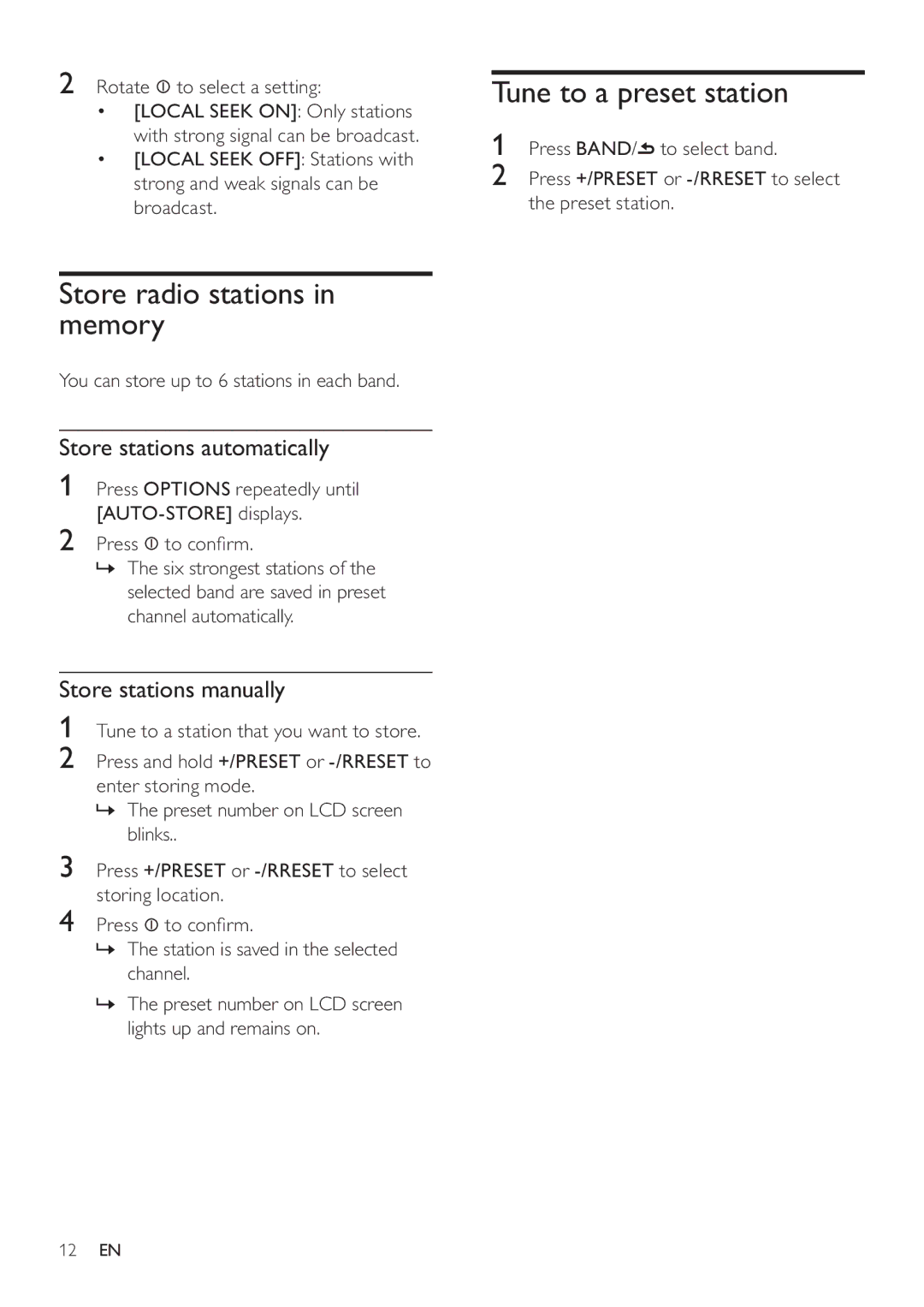 Philips CEM3000 user manual Store radio stations in memory, Tune to a preset station, Store stations automatically 