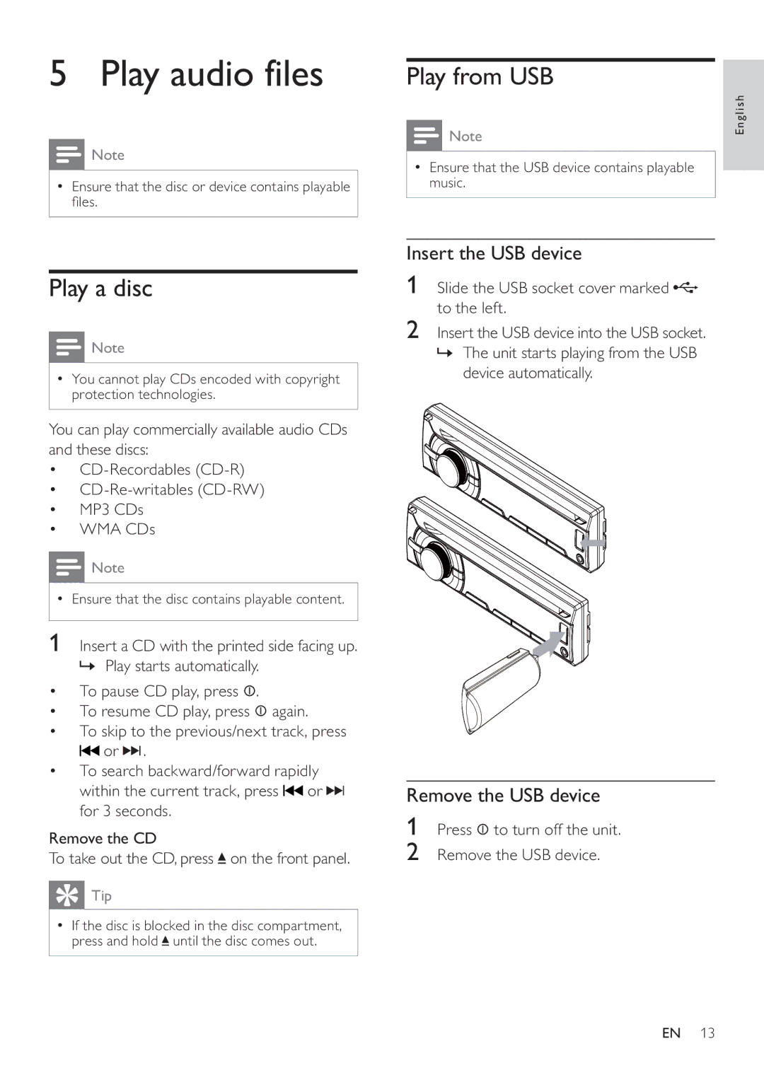 Philips CEM3000 user manual Play audio files, Play from USB, Play a disc, Insert the USB device, Remove the USB device 