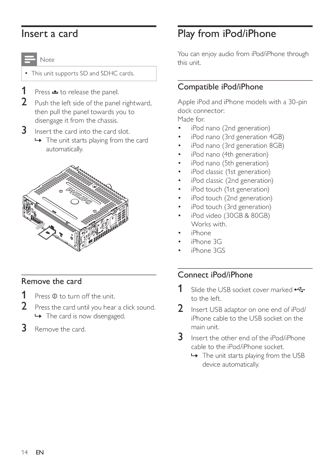 Philips CEM3000 Insert a card, Play from iPod/iPhone, Compatible iPod/iPhone, Remove the card, Connect iPod/iPhone 