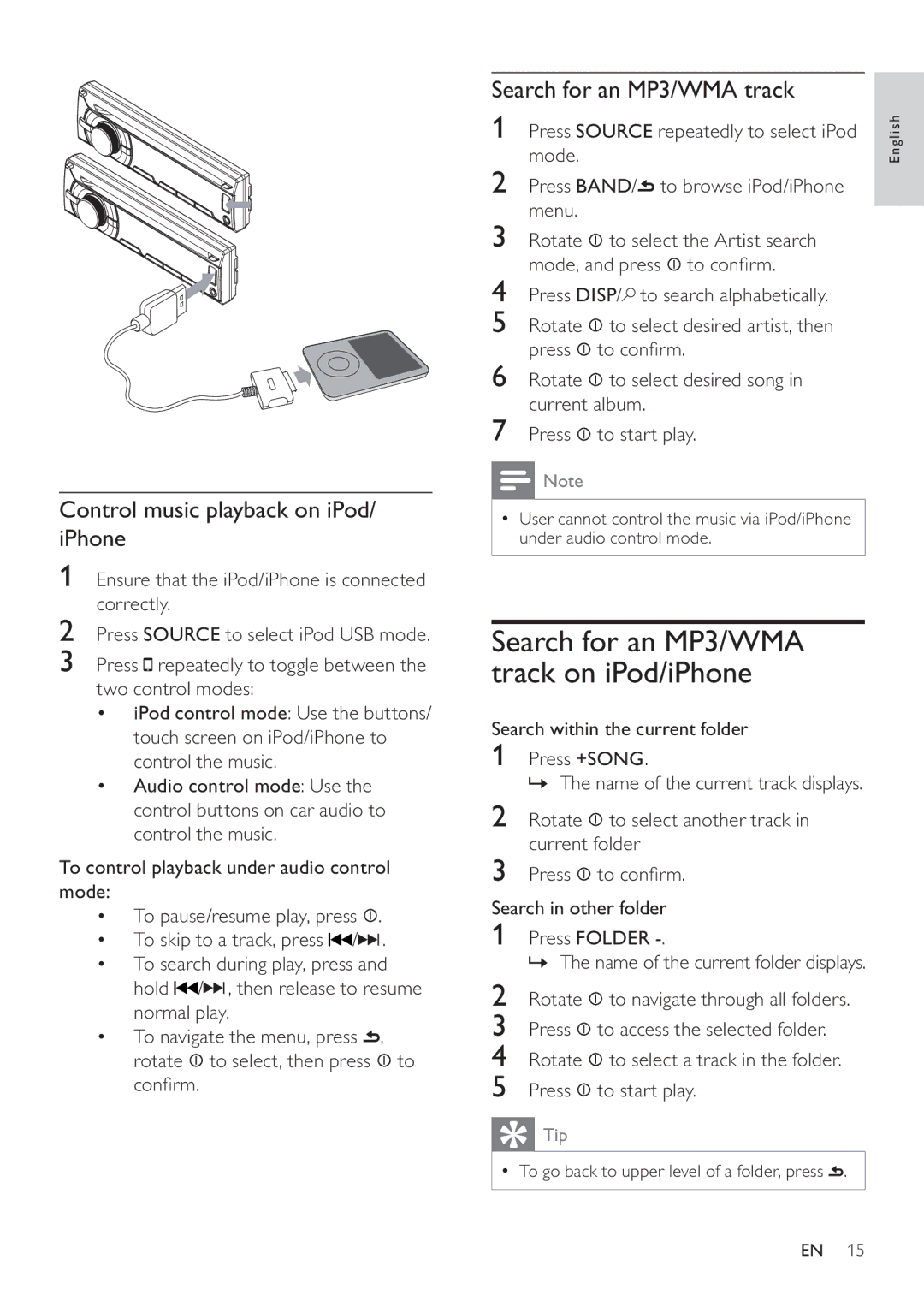 Philips CEM3000 user manual Control music playback on iPod/ iPhone, Search for an MP3/WMA track 