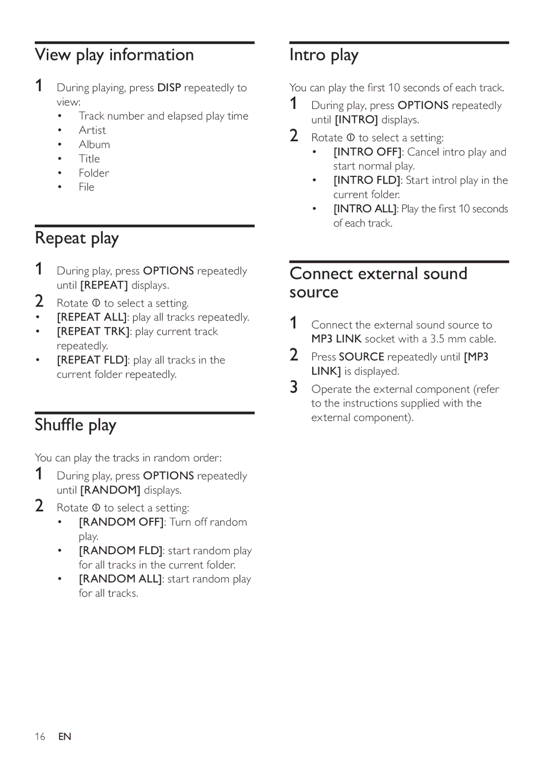 Philips CEM3000 user manual View play information, Repeat play, Shufﬂe play, Intro play, Connect external sound source 