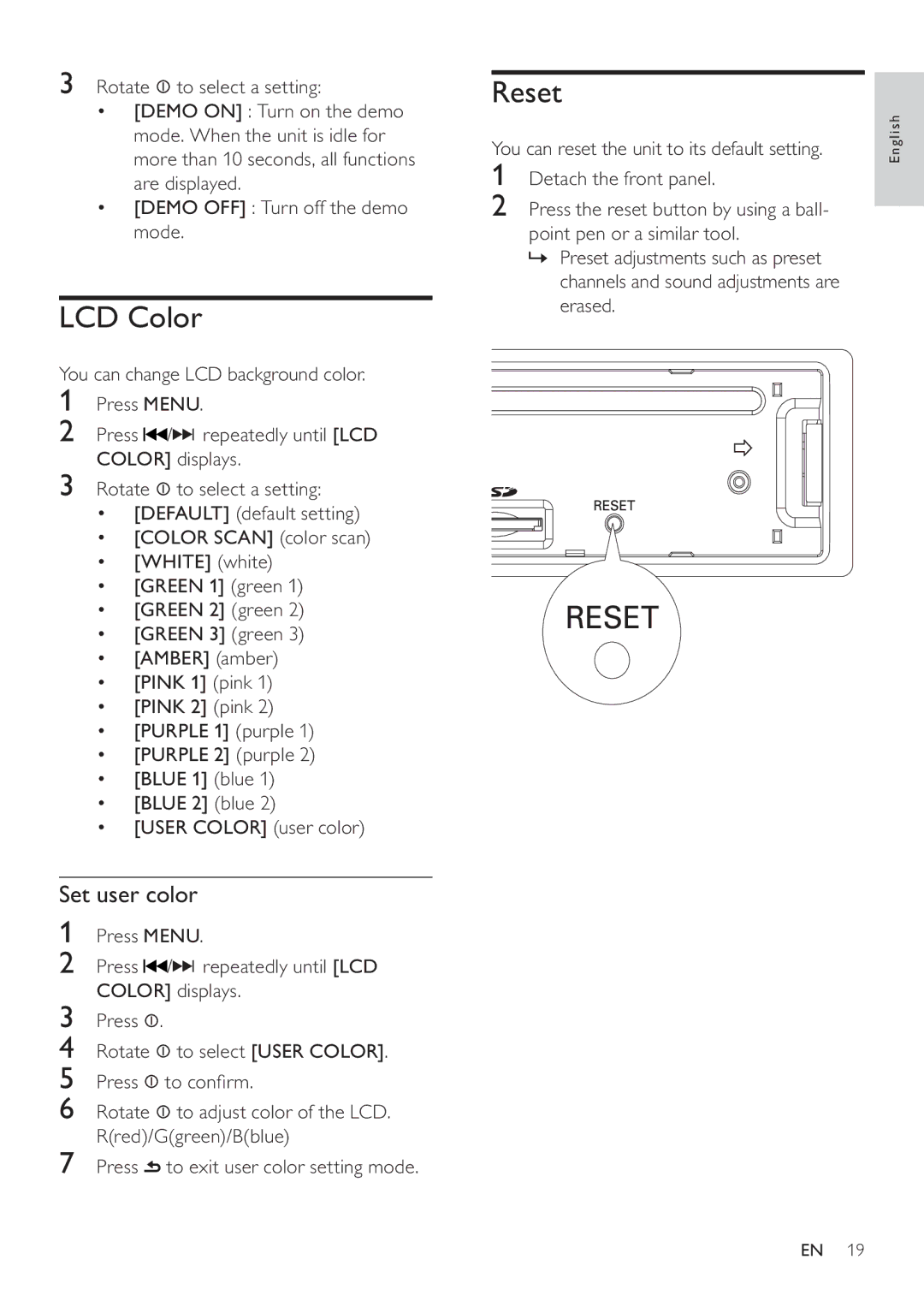 Philips CEM3000 user manual LCD Color, Reset, Set user color 