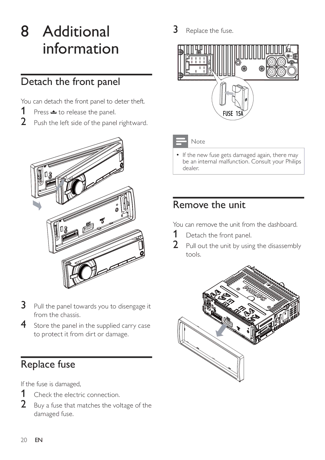 Philips CEM3000 user manual Additional information, Detach the front panel, Remove the unit, Replace fuse 