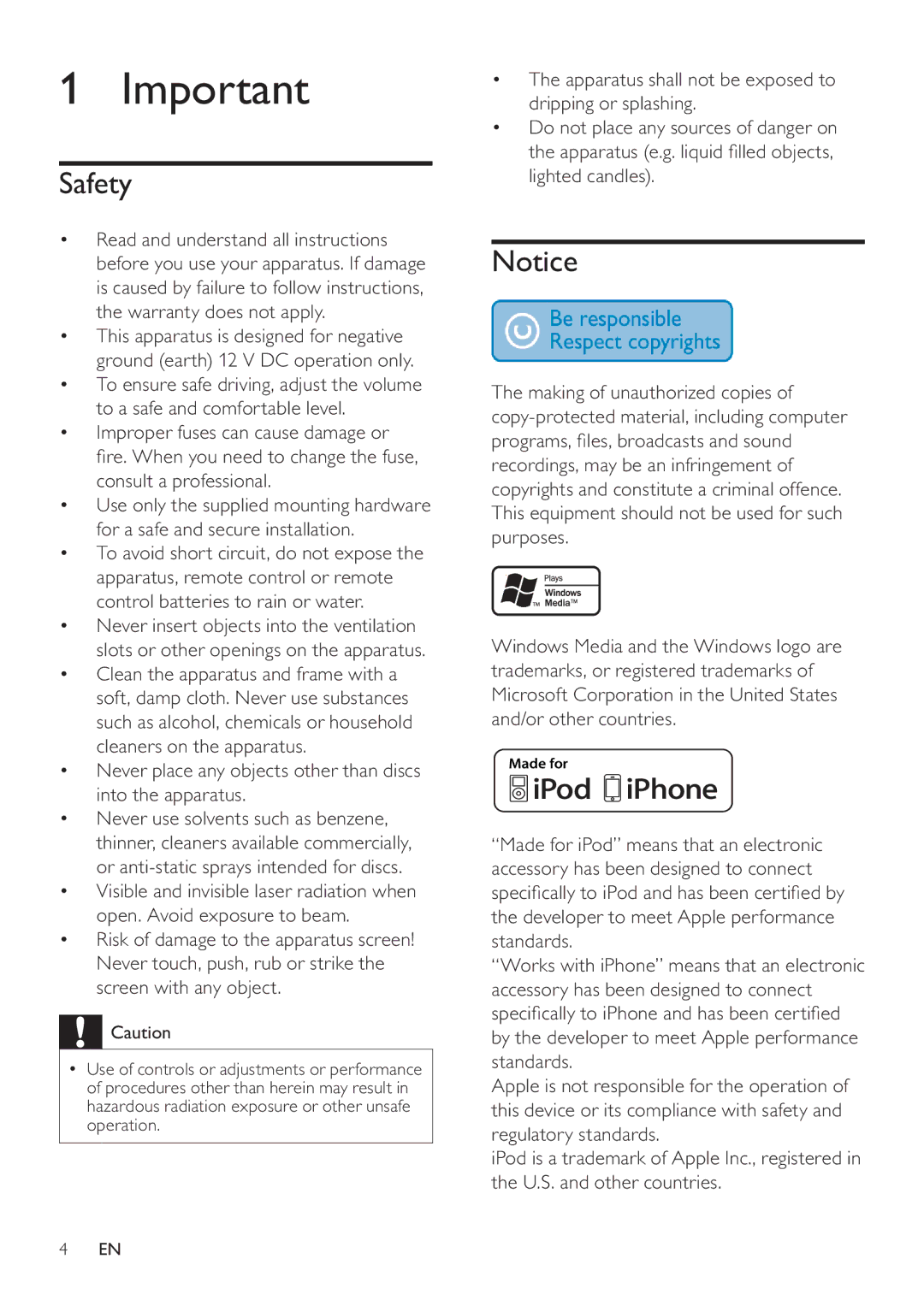 Philips CEM3000 user manual Safety, Never place any objects other than discs into the apparatus 