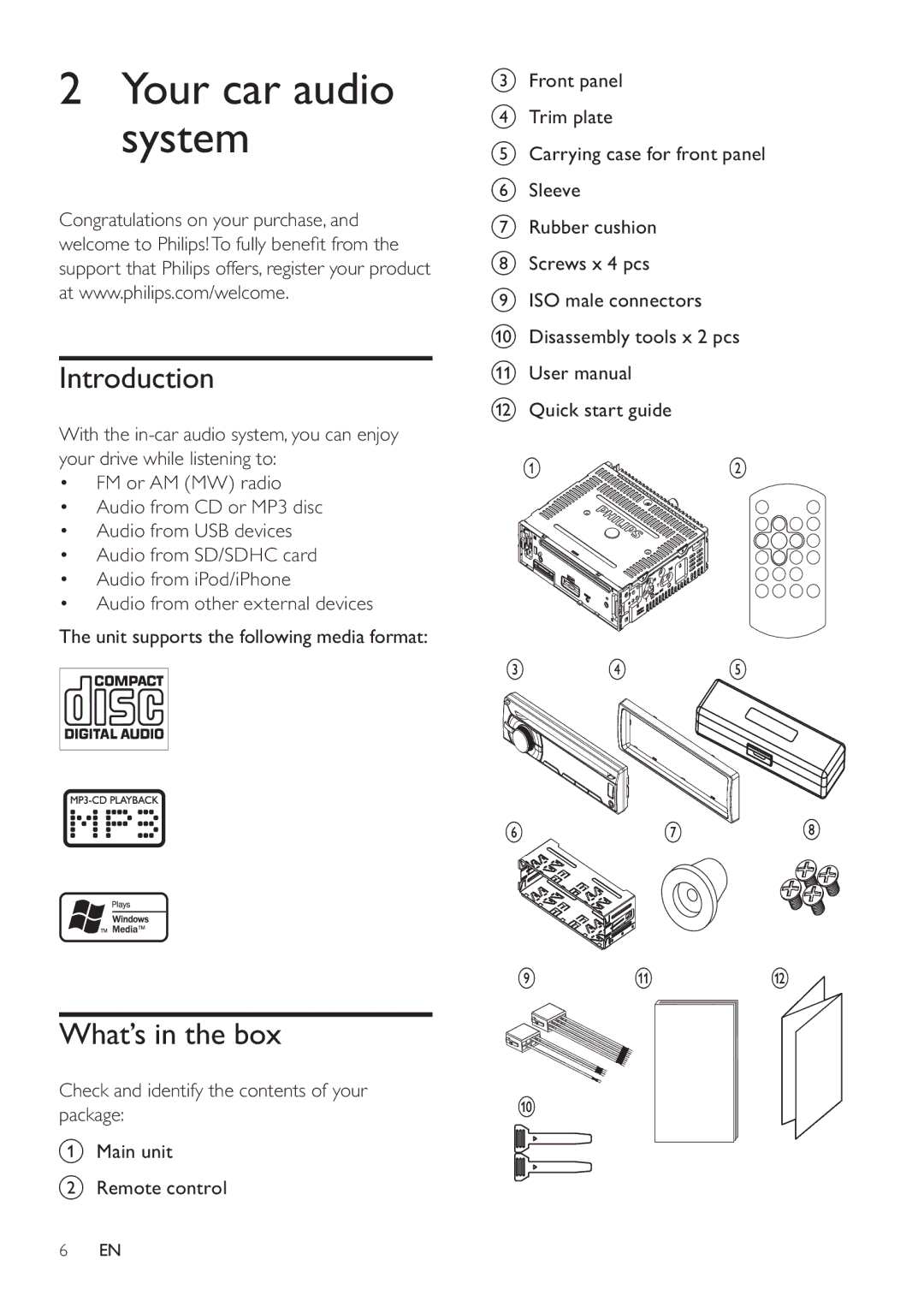 Philips CEM3000 user manual Your car audio system, Introduction, What’s in the box 