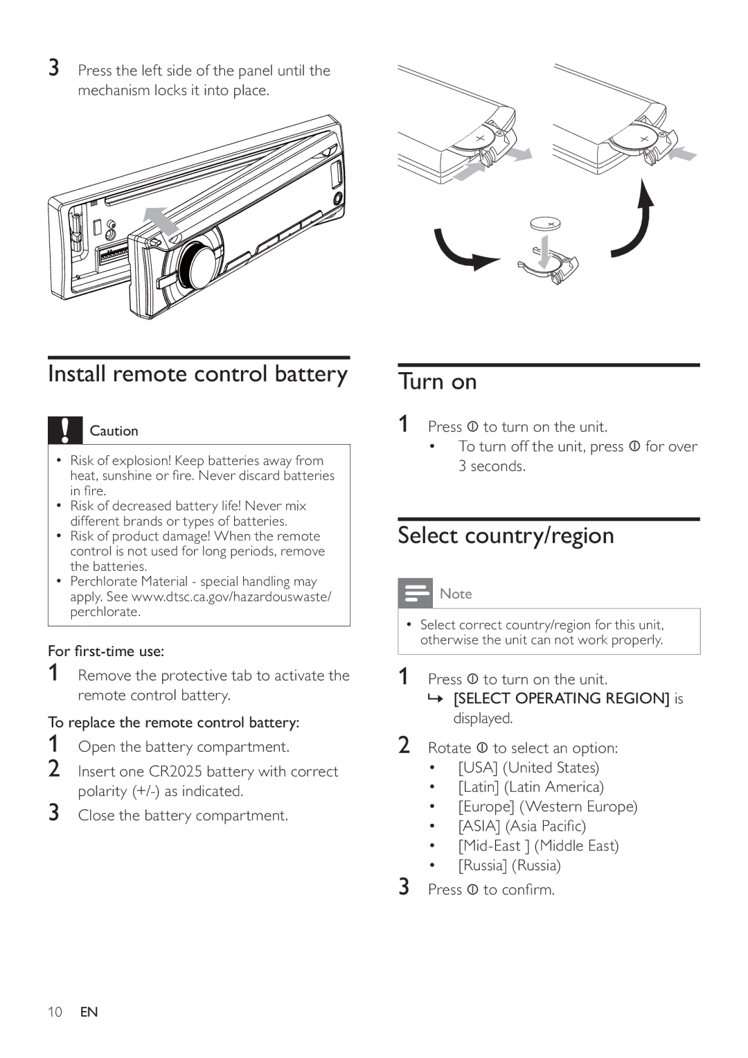 Philips CEM3000 user manual Install remote control battery, Turn on, Select country/region 