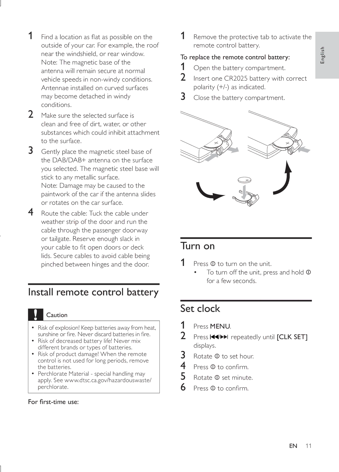 Philips CEM3000B user manual Install remote control battery, Turn on, Set clock 