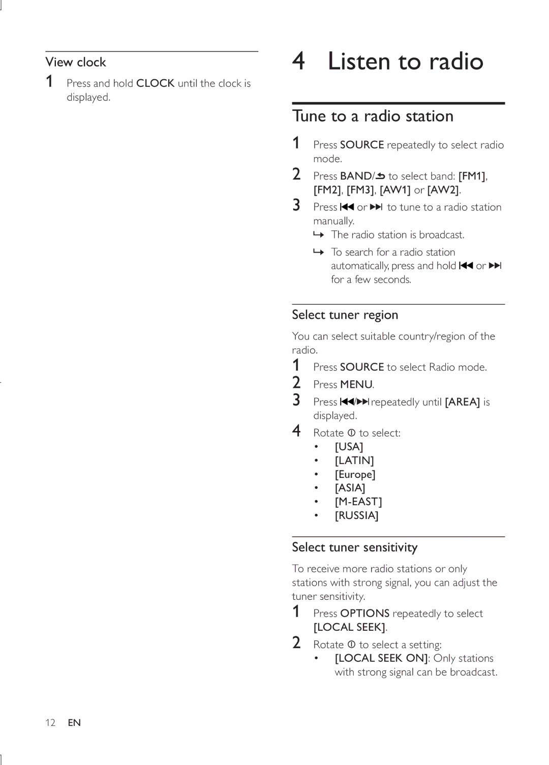 Philips CEM3000B Listen to radio, Tune to a radio station, View clock, Select tuner region, Select tuner sensitivity 