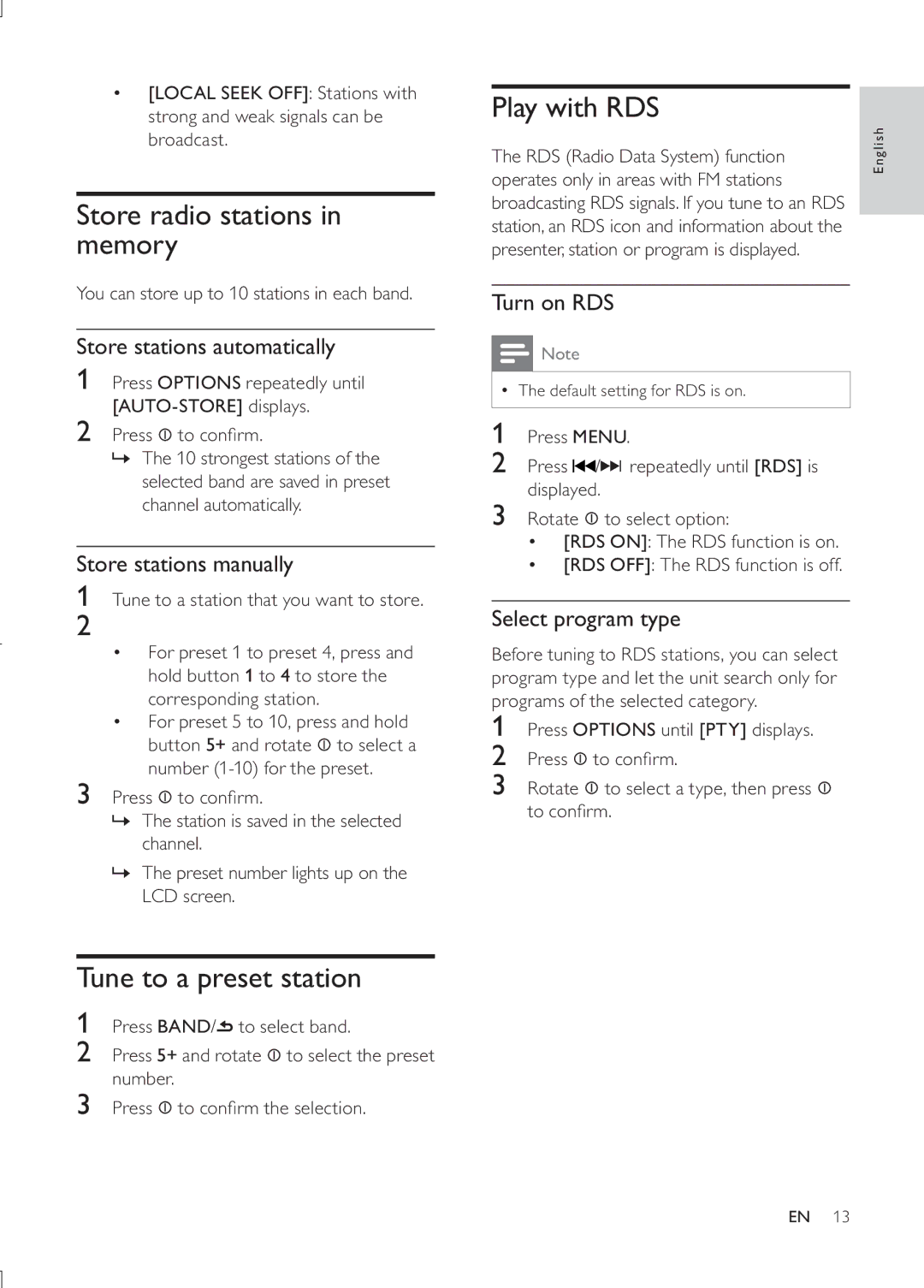 Philips CEM3000B user manual Store radio stations in memory, Tune to a preset station, Play with RDS 