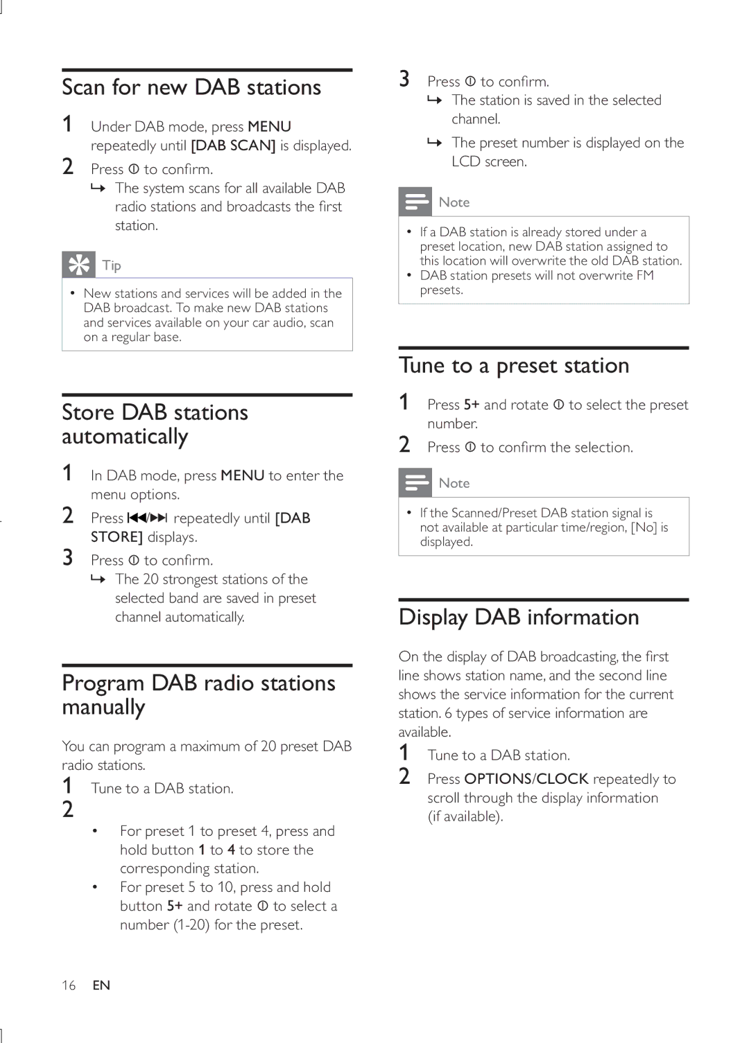 Philips CEM3000B user manual Scan for new DAB stations, Program DAB radio stations manually, Display DAB information 