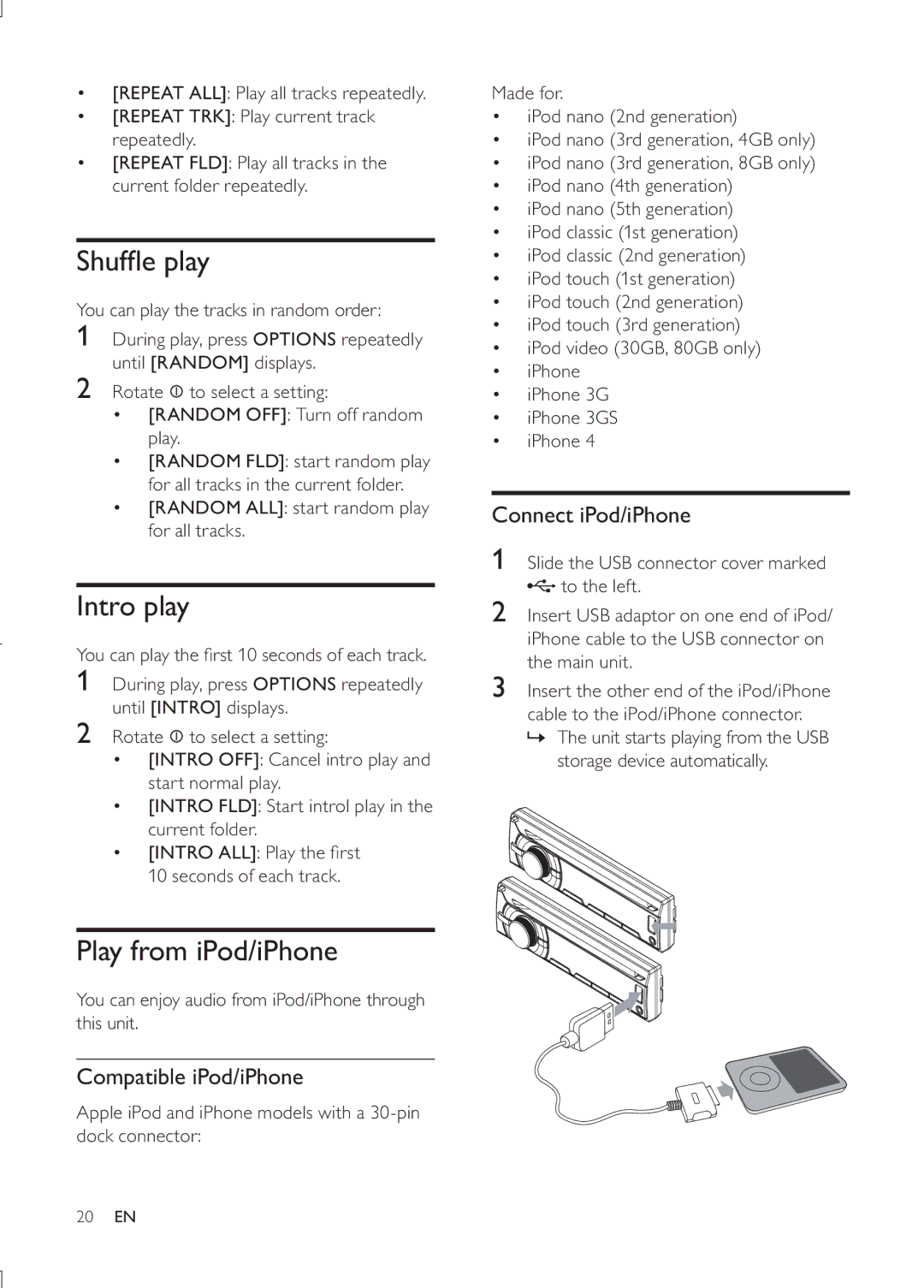 Philips CEM3000B user manual Shufﬂe play, Intro play, Play from iPod/iPhone, Compatible iPod/iPhone, Connect iPod/iPhone 