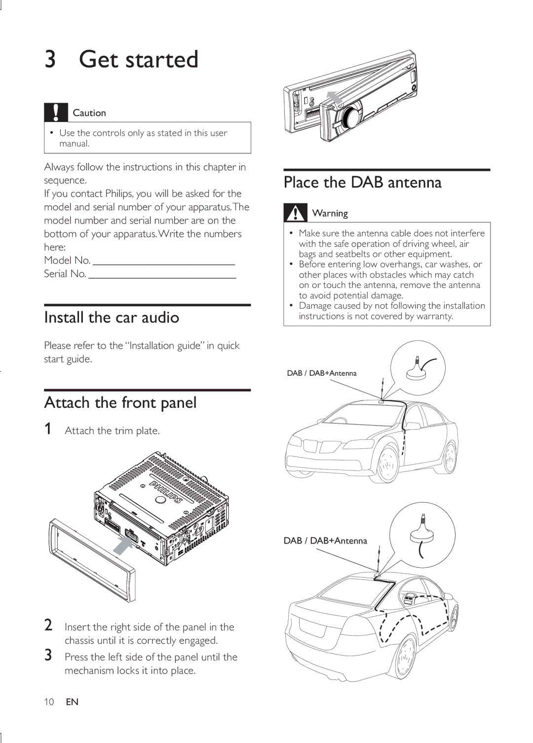 Philips CEM3000B user manual Get started, Install the car audio, Attach the front panel, Place the DAB antenna 