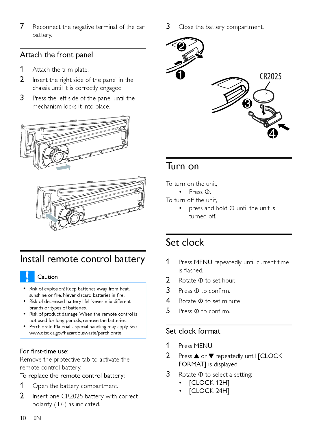 Philips CEM3100 user manual Install remote control battery, Turn on, Attach the front panel, Set clock format 