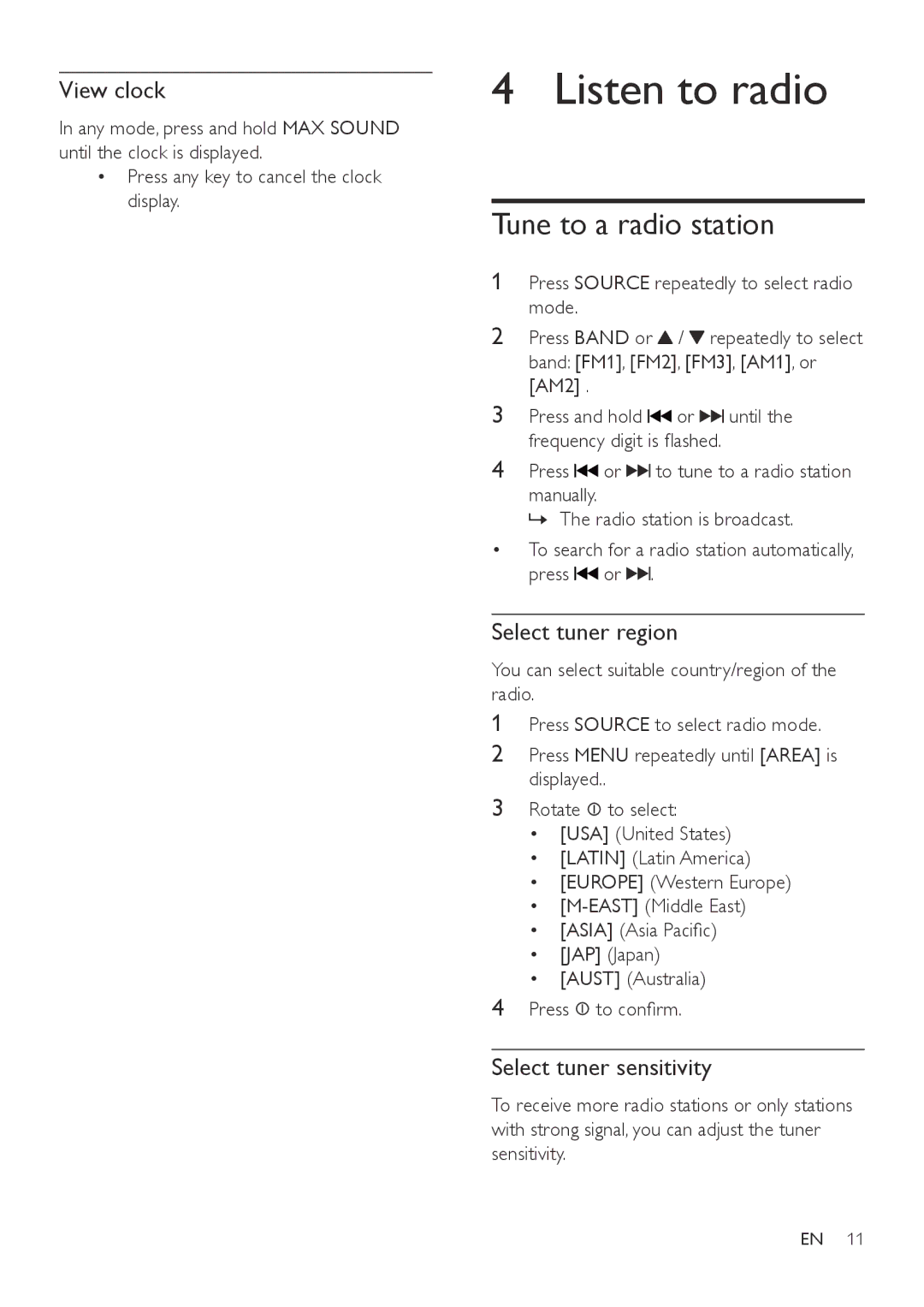 Philips CEM3100 Listen to radio, Tune to a radio station, View clock, Select tuner region, Select tuner sensitivity 