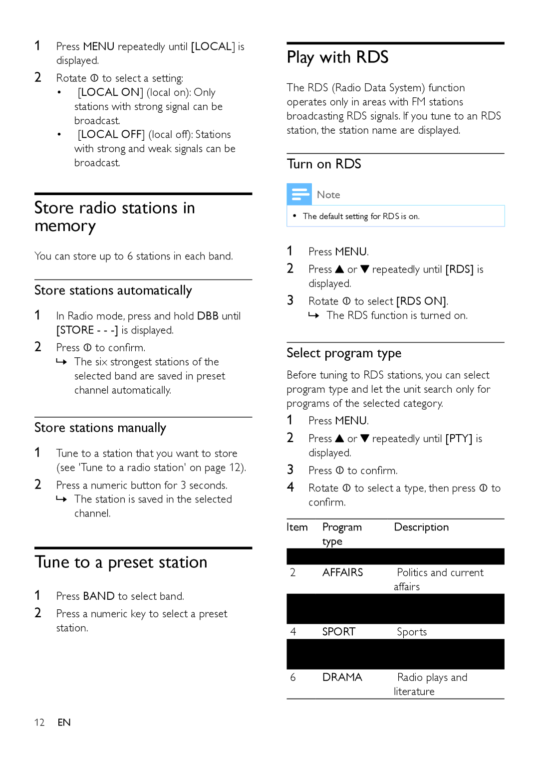 Philips CEM3100 user manual Store radio stations in memory, Tune to a preset station, Play with RDS 