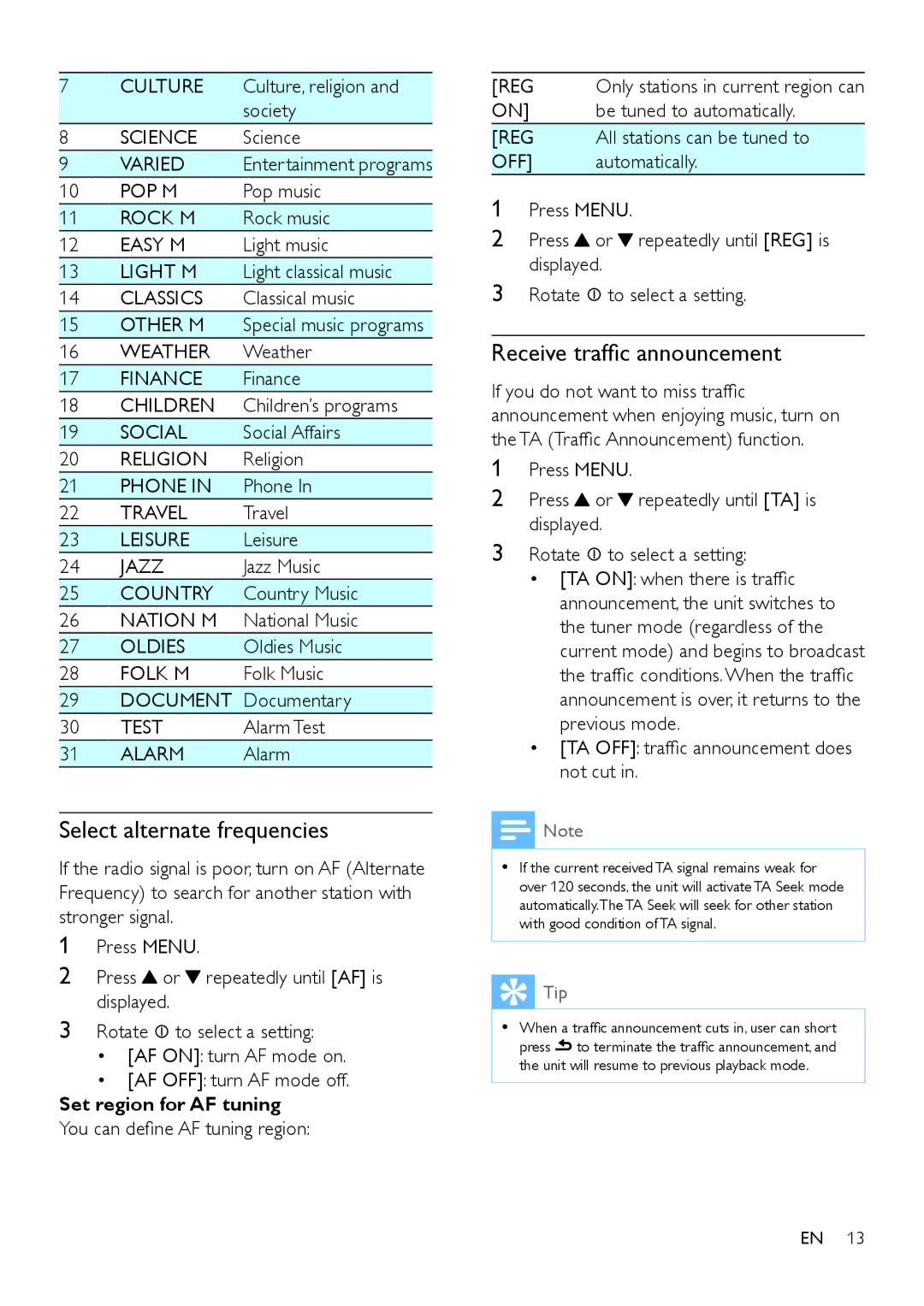 Philips CEM3100 user manual Select alternate frequencies, Receive traffic announcement 