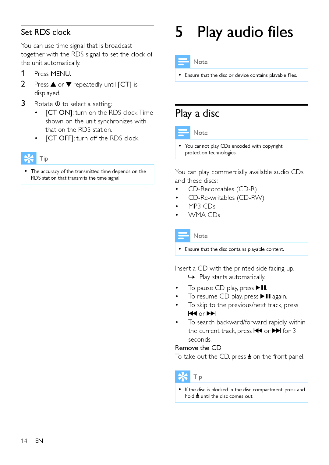 Philips CEM3100 user manual Play audio files, Play a disc, Set RDS clock, CT OFF turn off the RDS clock 