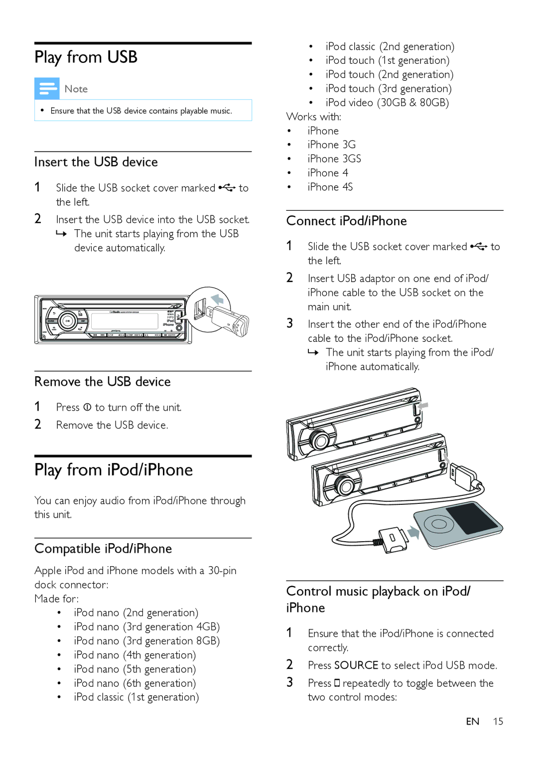 Philips CEM3100 user manual Play from USB, Play from iPod/iPhone 