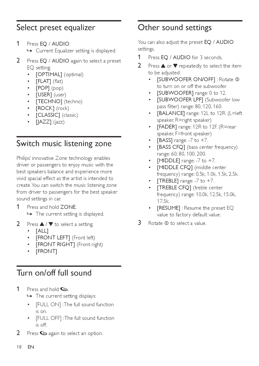 Philips CEM3100 Select preset equalizer, Switch music listening zone, Turn on/off full sound, Other sound settings, Front 