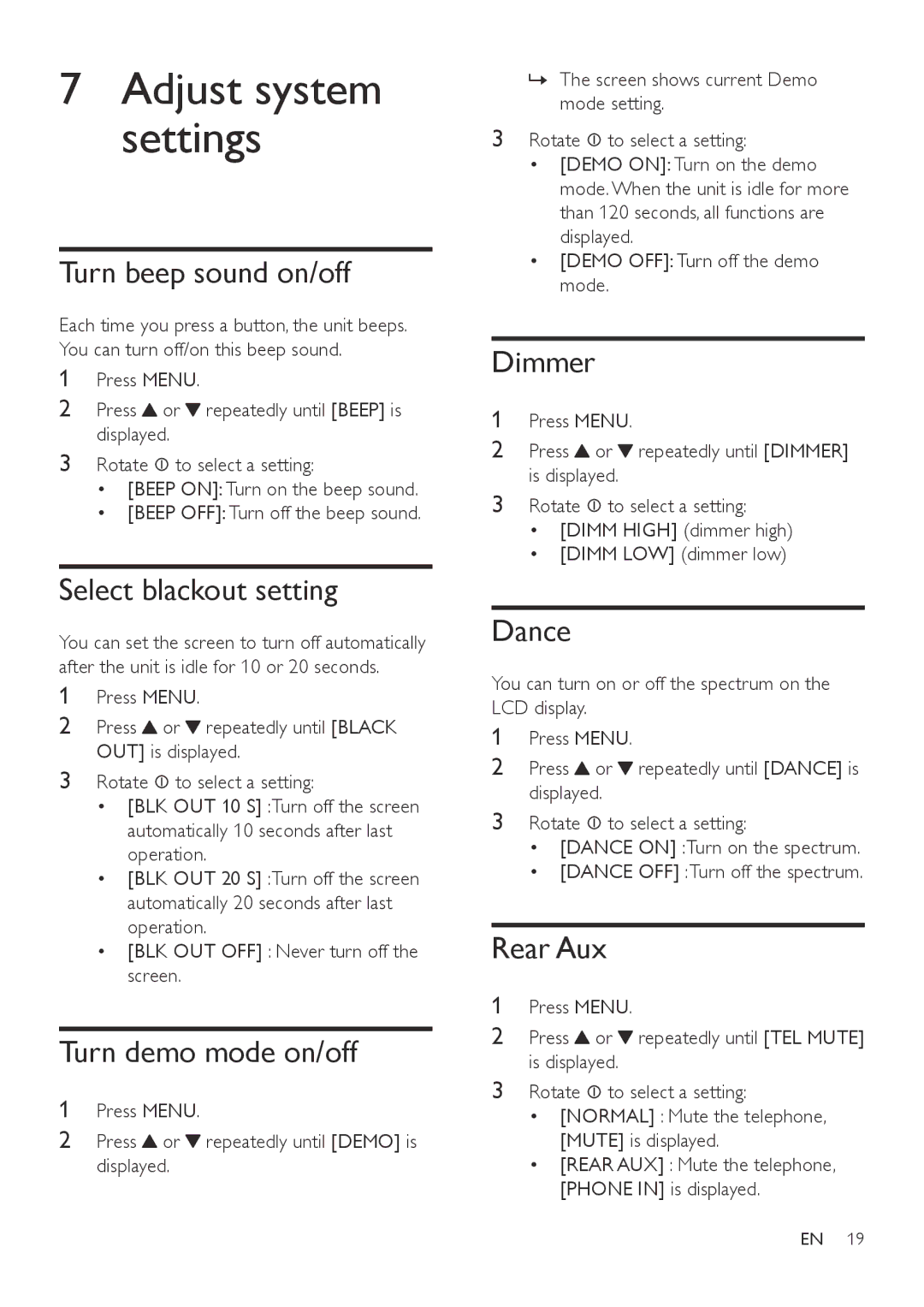 Philips CEM3100 user manual Turn beep sound on/off, Select blackout setting, Turn demo mode on/off, Dimmer, Dance, Rear Aux 