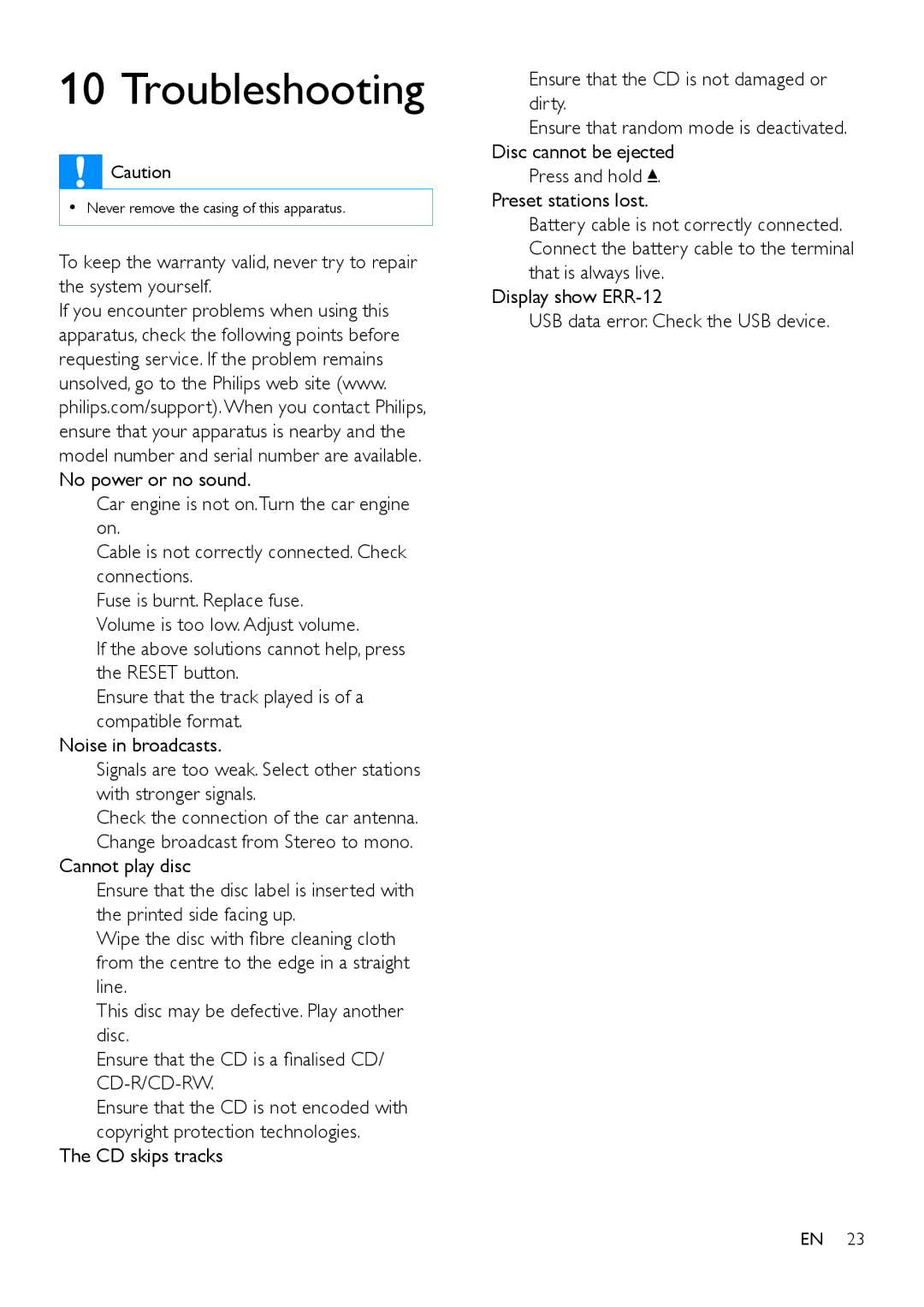 Philips CEM3100 user manual Troubleshooting 