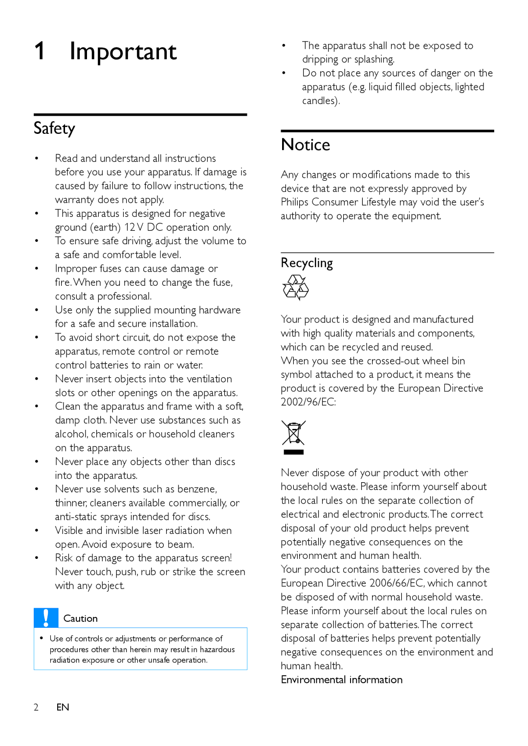 Philips CEM3100 Safety, Recycling, Never place any objects other than discs into the apparatus, Environmental information 