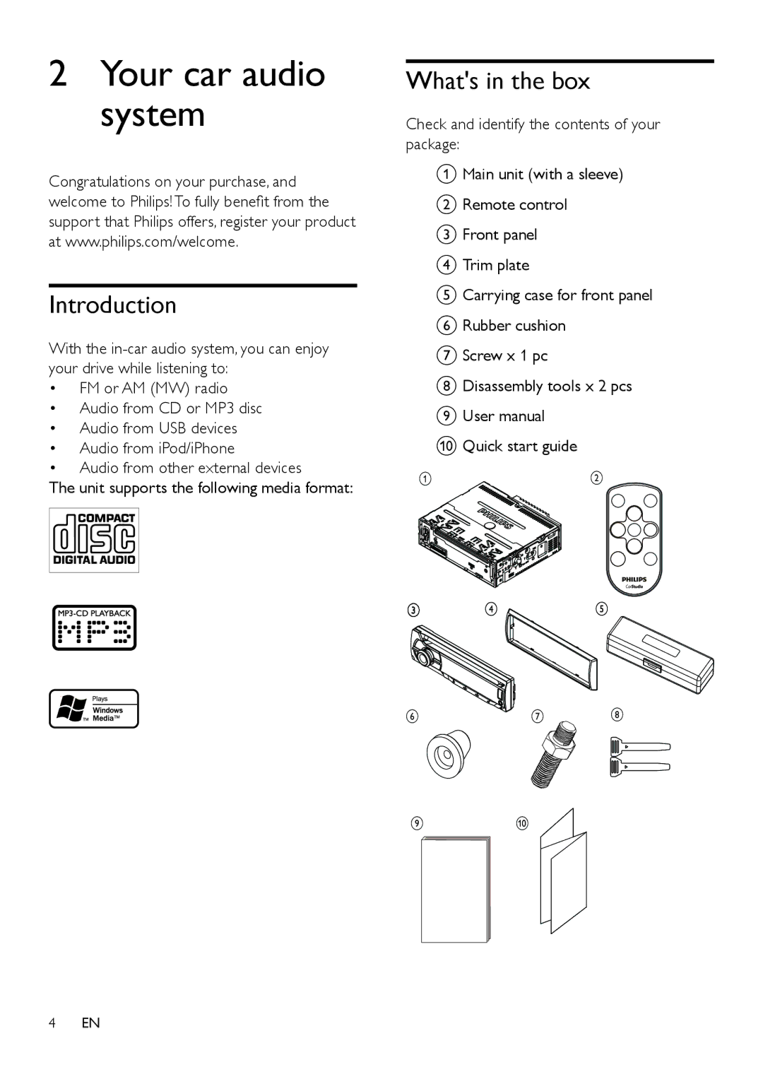 Philips CEM3100 user manual Your car audio system, Introduction, Whats in the box 