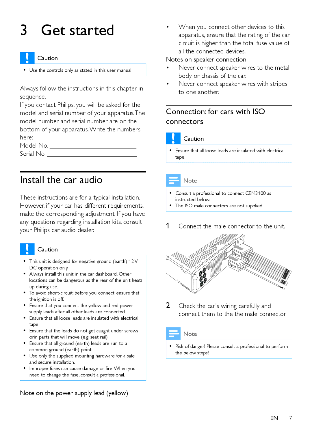 Philips CEM3100 user manual Get started, Install the car audio, Connection for cars with ISO connectors 