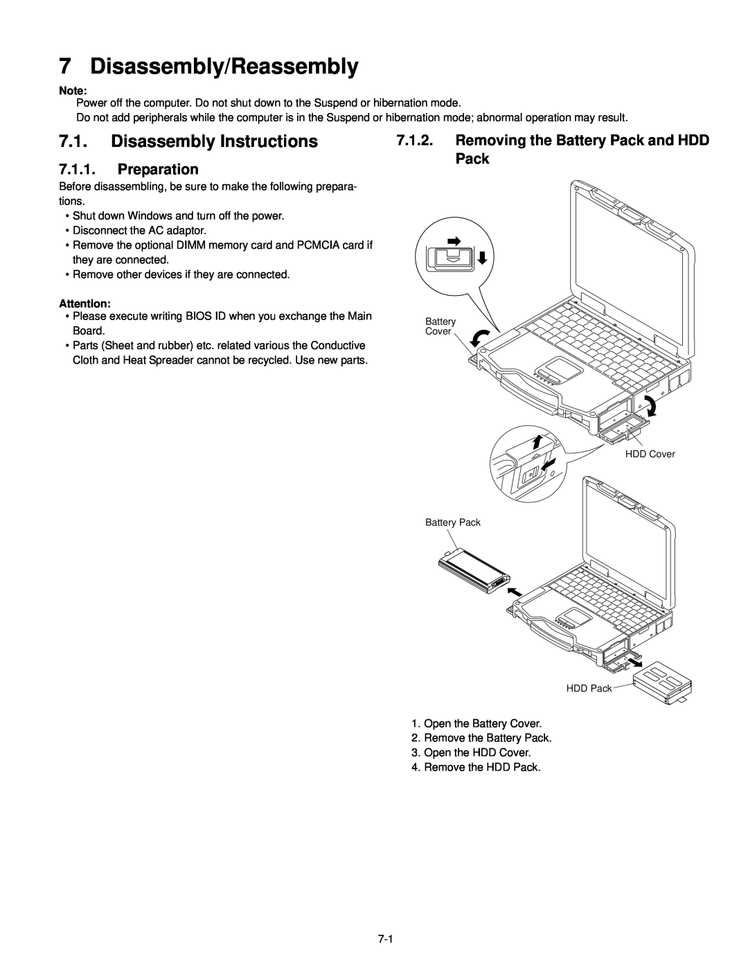 Philips CF-30FTSAZAM Disassembly/Reassembly, Disassembly Instructions, Removing the Battery Pack and HDD, 7.1.1 