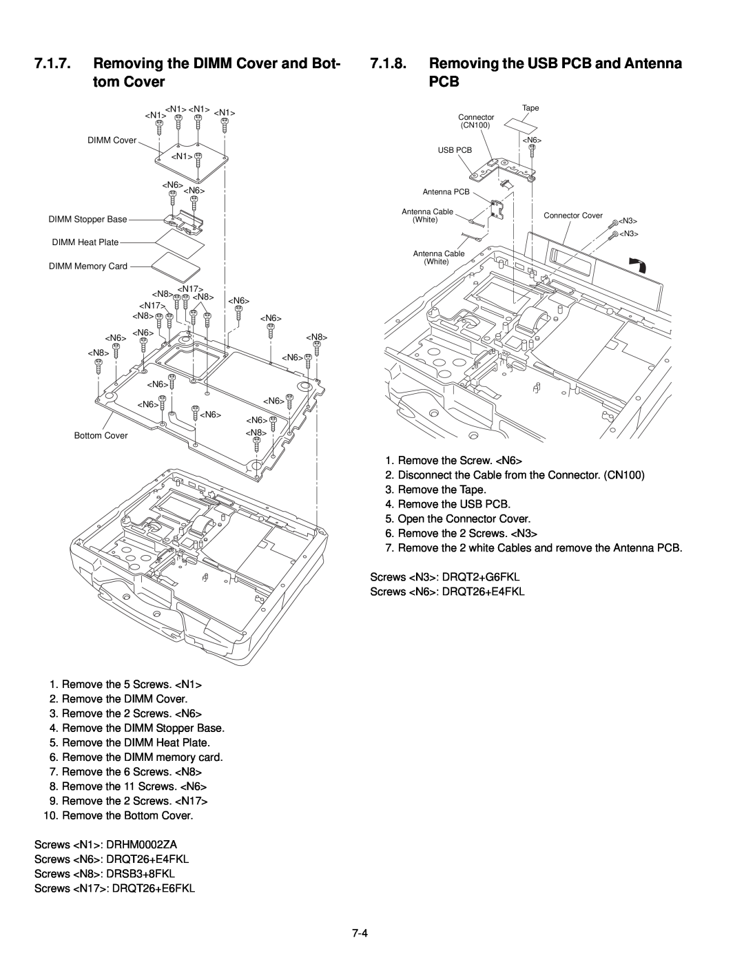 Philips CF-30FTSAZAM service manual Removing the DIMM Cover and Bot- tom Cover, Removing the USB PCB and Antenna PCB 