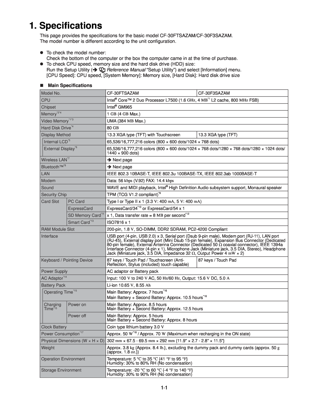 Philips CF-30FTSAZAM service manual Main Specifications 