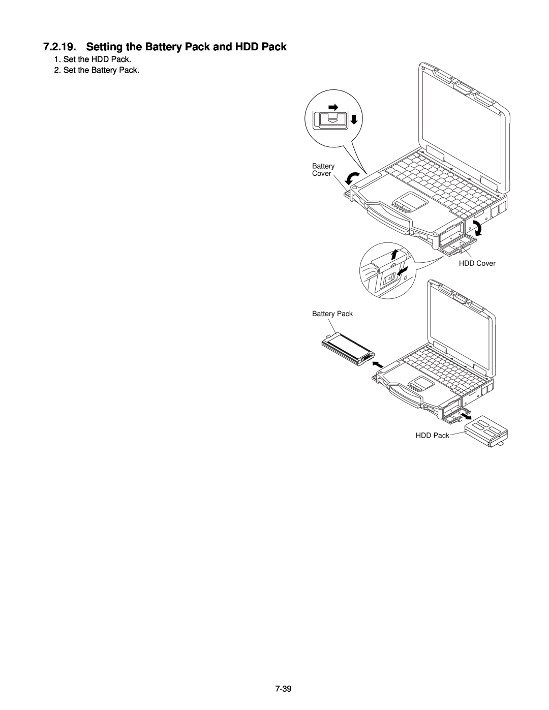 Philips CF-30FTSAZAM service manual Setting the Battery Pack and HDD Pack, Set the HDD Pack 2. Set the Battery Pack, 7-39 