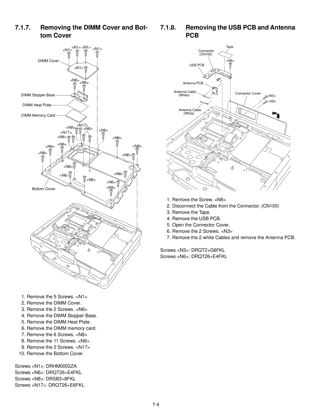 Philips CF-30FTSAZAM service manual Removing the Dimm Cover and Bot- tom Cover, Removing the USB PCB and Antenna 