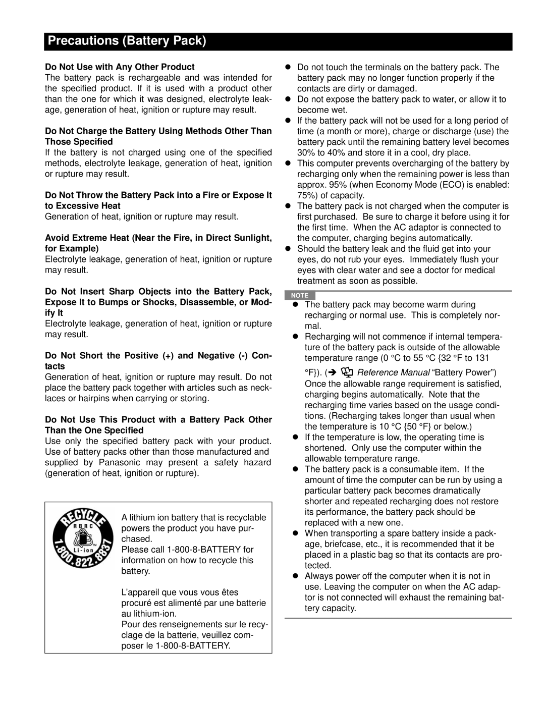 Philips CF-30FTSAZAM service manual Precautions Battery Pack 