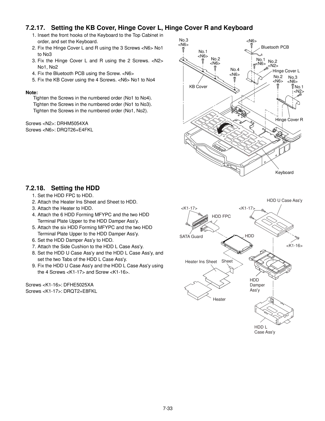 Philips CF-30FTSAZAM service manual Setting the HDD, Screws N2 DRHM5054XA Screws N6 DRQT26+E4FKL 